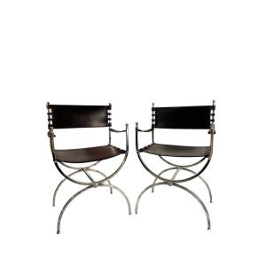 Maison Jansen - Paire De Fauteuils Savonarola - 1970