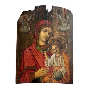 Huile sur panneau, Vierge à l’enfant sauveur du monde - Vénétie crétoise,  XVIIe