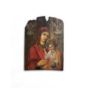Huile sur panneau, Vierge à l’enfant sauveur du monde - Vénétie crétoise,  XVIIe