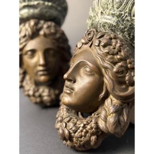 Pair Of Decorative Brackets In Bronze And Verde Alpi Marble - First Half Of The 19th Century