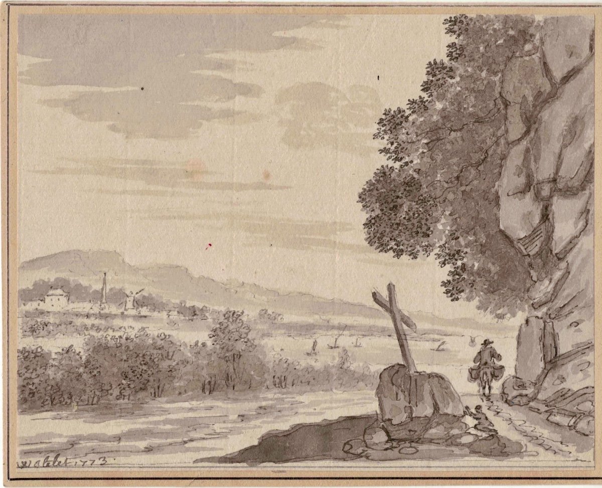 Claude-henri Watelet 1718-1786, Paysage Au Calvaire Daté et Signé 1773