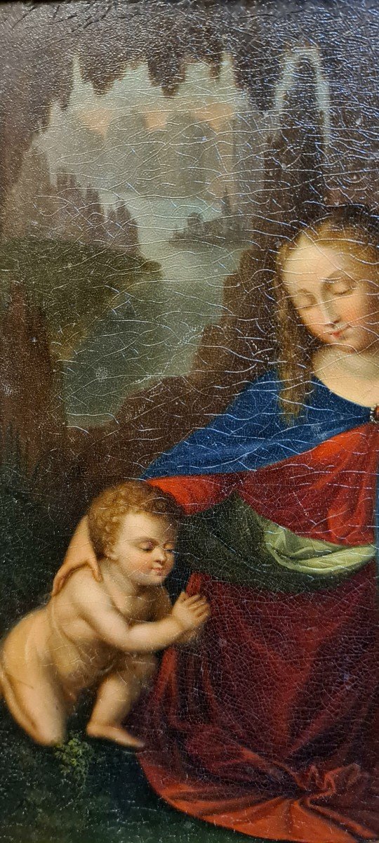 The Virgin Of The Rocks After Leonardo Da Vinci Painting XIXth Golden Frame.-photo-1
