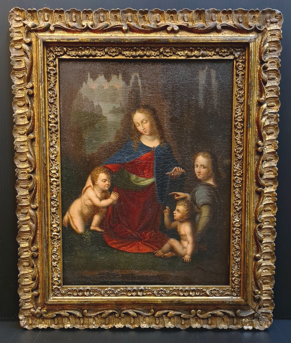 The Virgin Of The Rocks After Leonardo Da Vinci Painting XIXth Golden Frame.