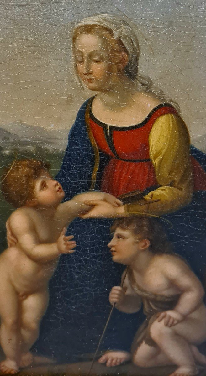 La Belle Jardinière Ou La Vierge à l'Enfant d'Après Raphaël Tableau XIXeme Cadre Doré. -photo-2