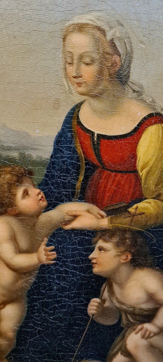 La Belle Jardinière Ou La Vierge à l'Enfant d'Après Raphaël Tableau XIXeme Cadre Doré. -photo-2