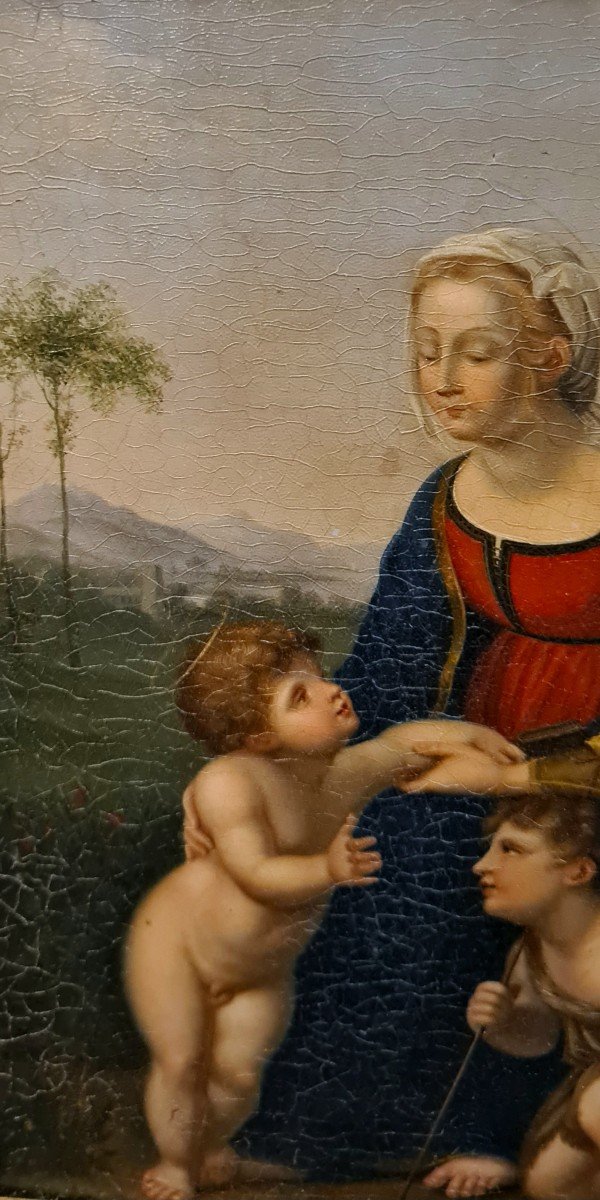 La Belle Jardinière Ou La Vierge à l'Enfant d'Après Raphaël Tableau XIXeme Cadre Doré. -photo-4