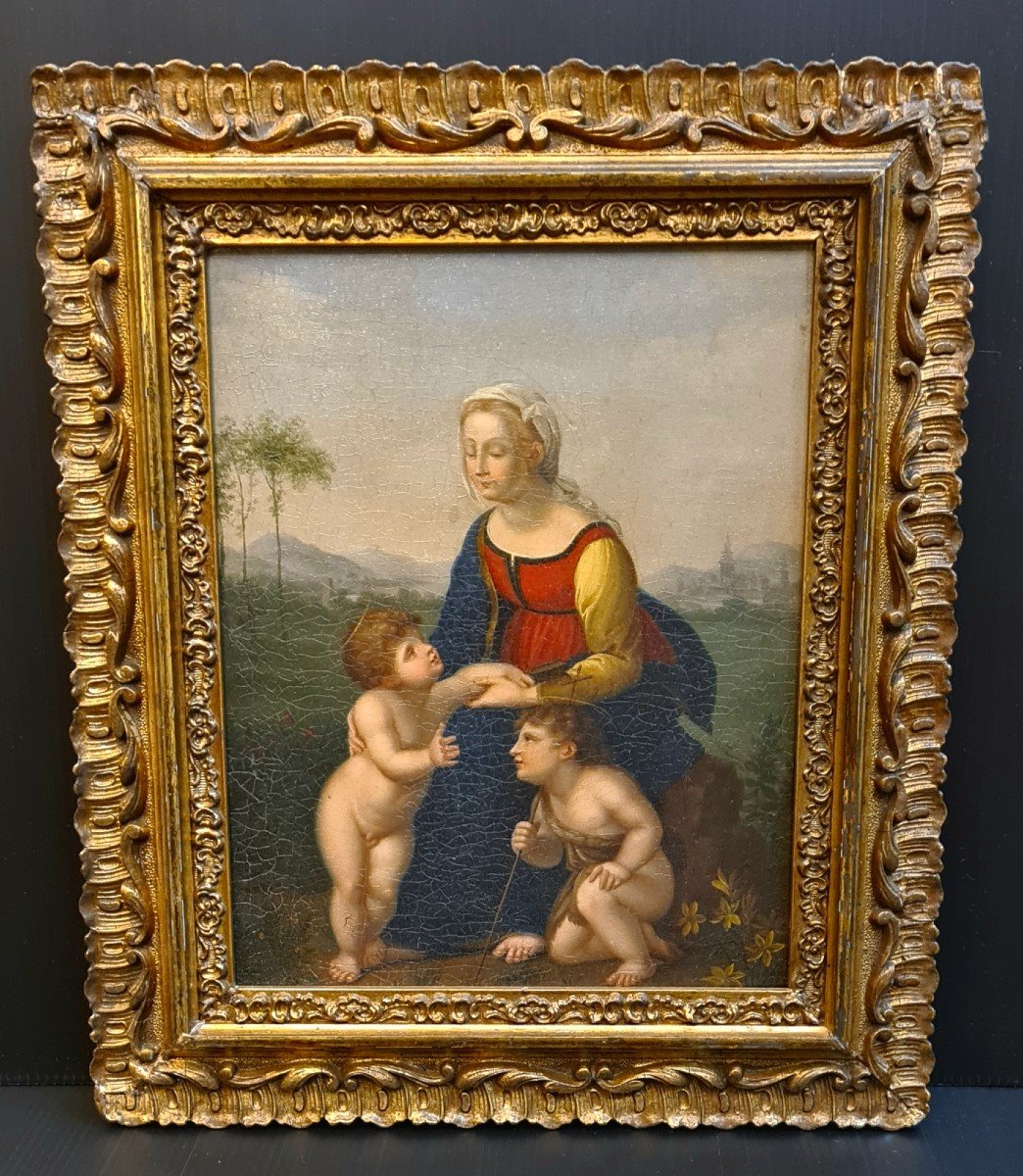 La Belle Jardinière Ou La Vierge à l'Enfant d'Après Raphaël Tableau XIXeme Cadre Doré. -photo-6