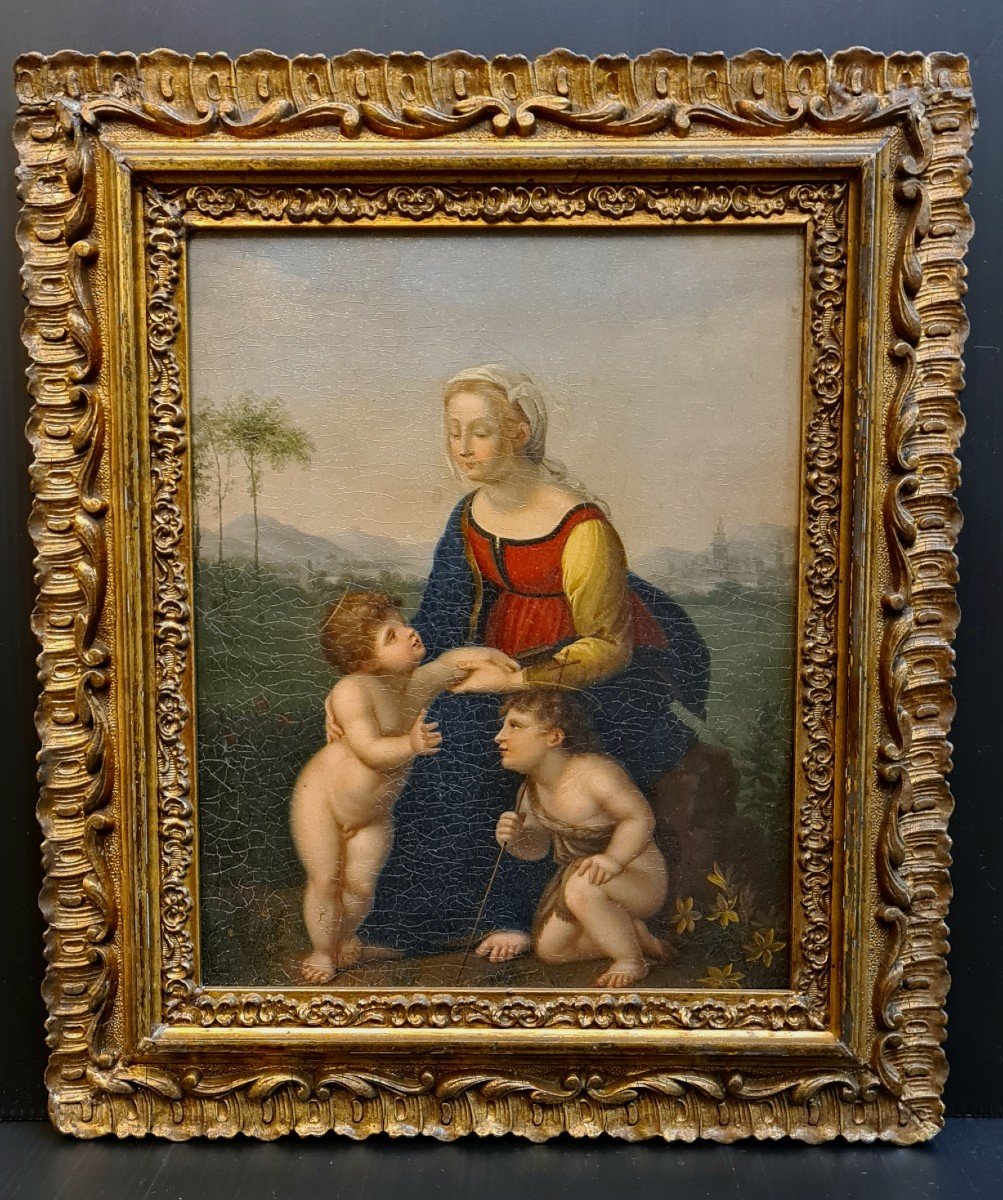 La Belle Jardinière Ou La Vierge à l'Enfant d'Après Raphaël Tableau XIXeme Cadre Doré. 
