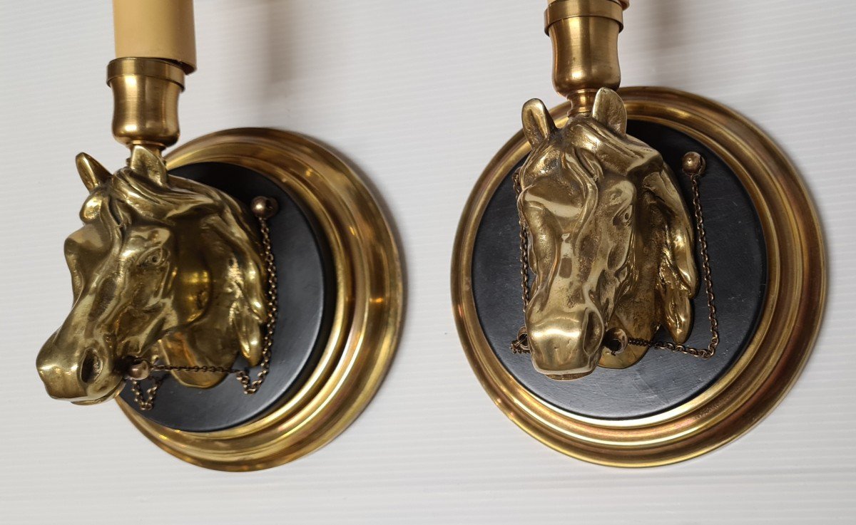 Paire d'Appliques Murales Tête De Cheval Vintage Maison Lancel Charles Jansen  chevaux Bronze -photo-2