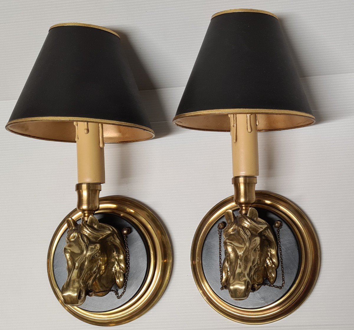 Paire d'Appliques Murales Tête De Cheval Vintage Maison Lancel Charles Jansen  chevaux Bronze -photo-3