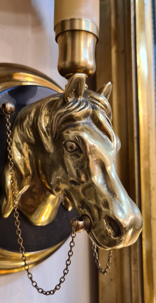 Paire d'Appliques Murales Tête De Cheval Vintage Maison Lancel Charles Jansen  chevaux Bronze -photo-6