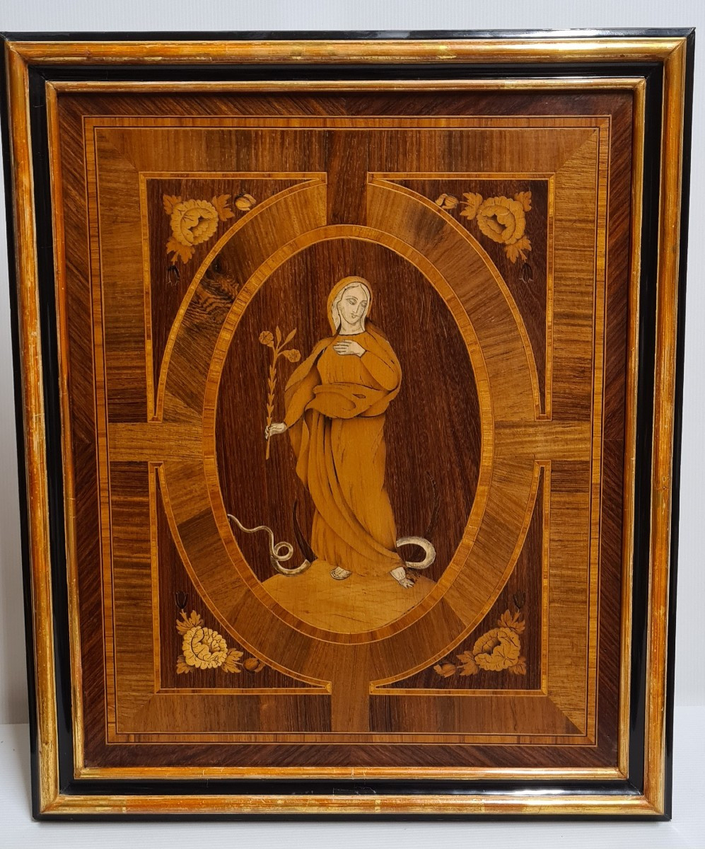 Tableau religieux panneau de marqueterie Vierge Marie travail de maîtrise XIX eme