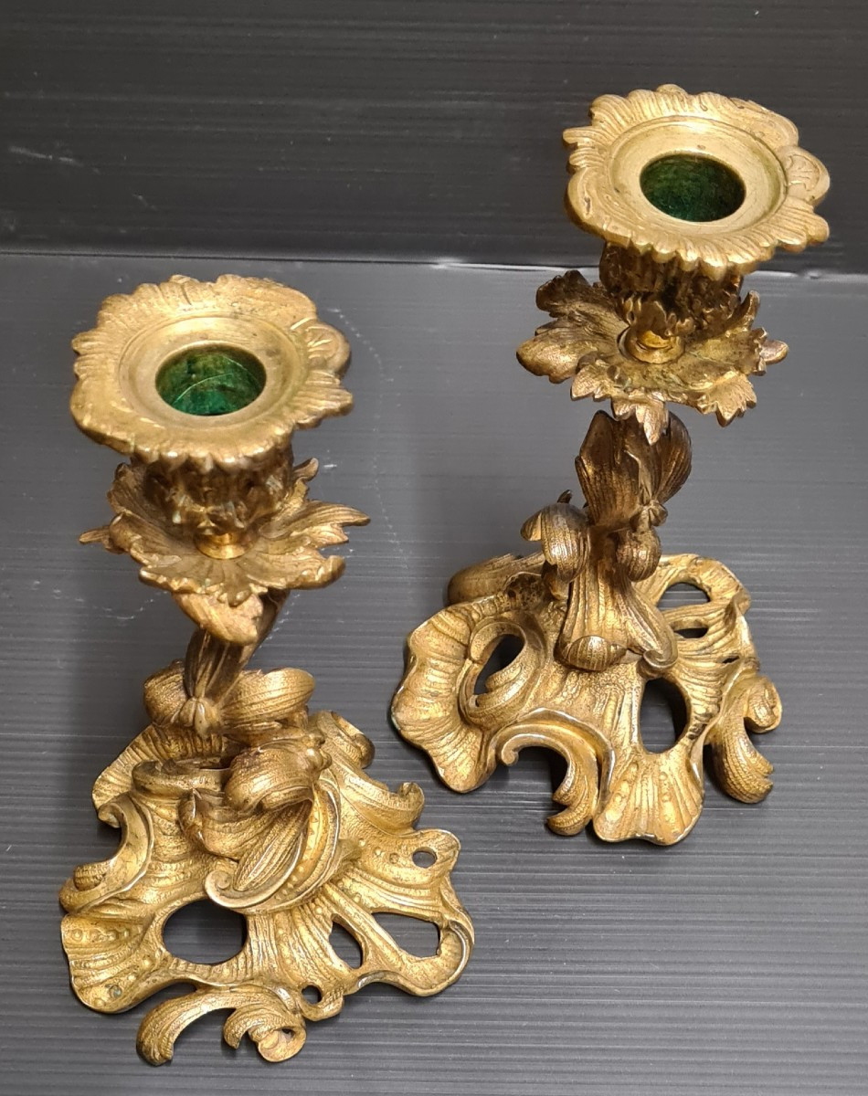 Victor Raulin Pair Of Gilded Bronze Candlesticks, Rococo Style, Late 19th Century-photo-4
