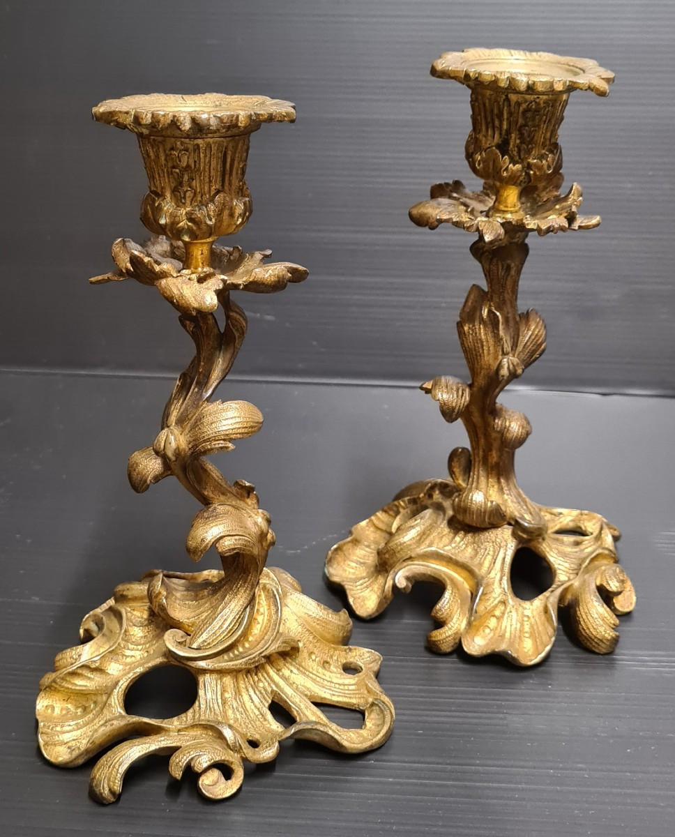Victor Raulin Pair Of Gilded Bronze Candlesticks, Rococo Style, Late 19th Century