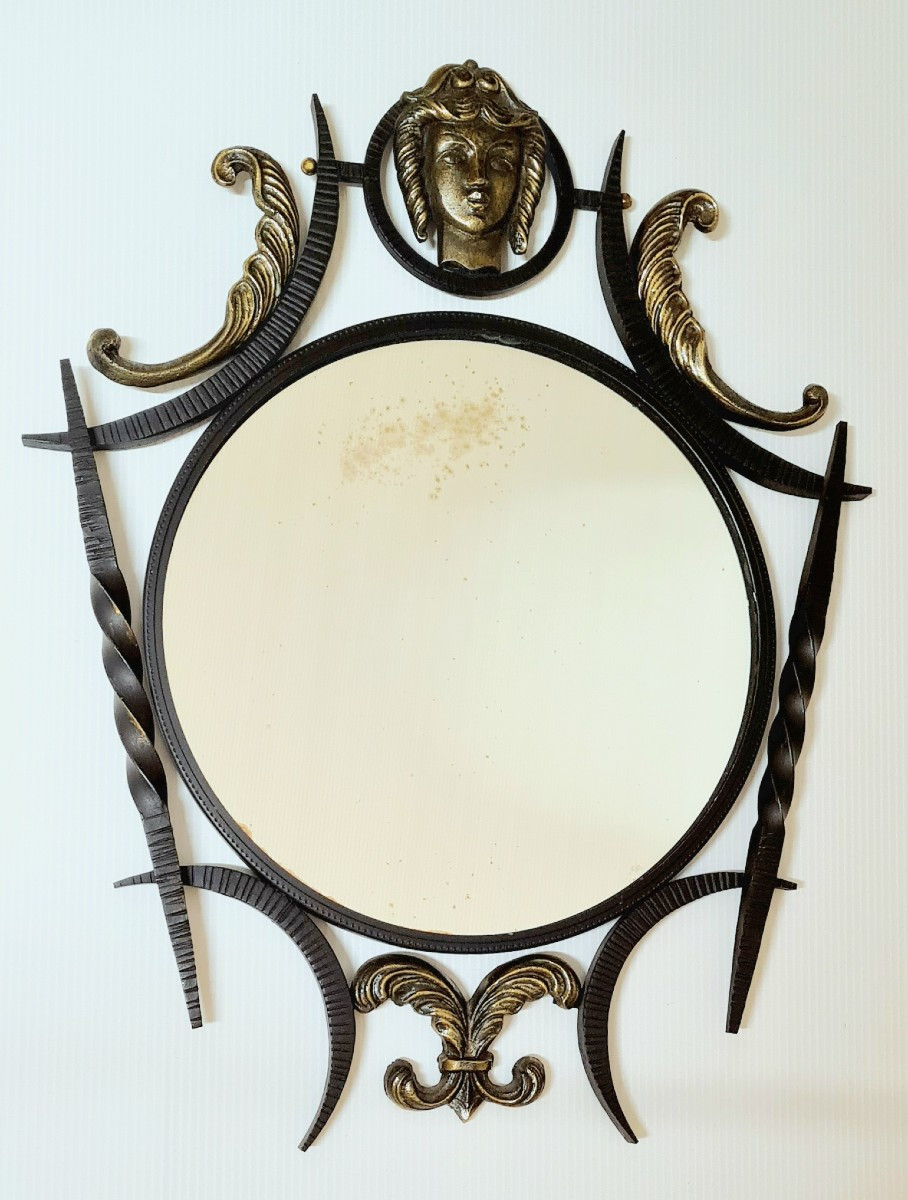Miroir au mascaron bronze doré et noirci dans le goût de Poillerat vintage années 40-photo-3
