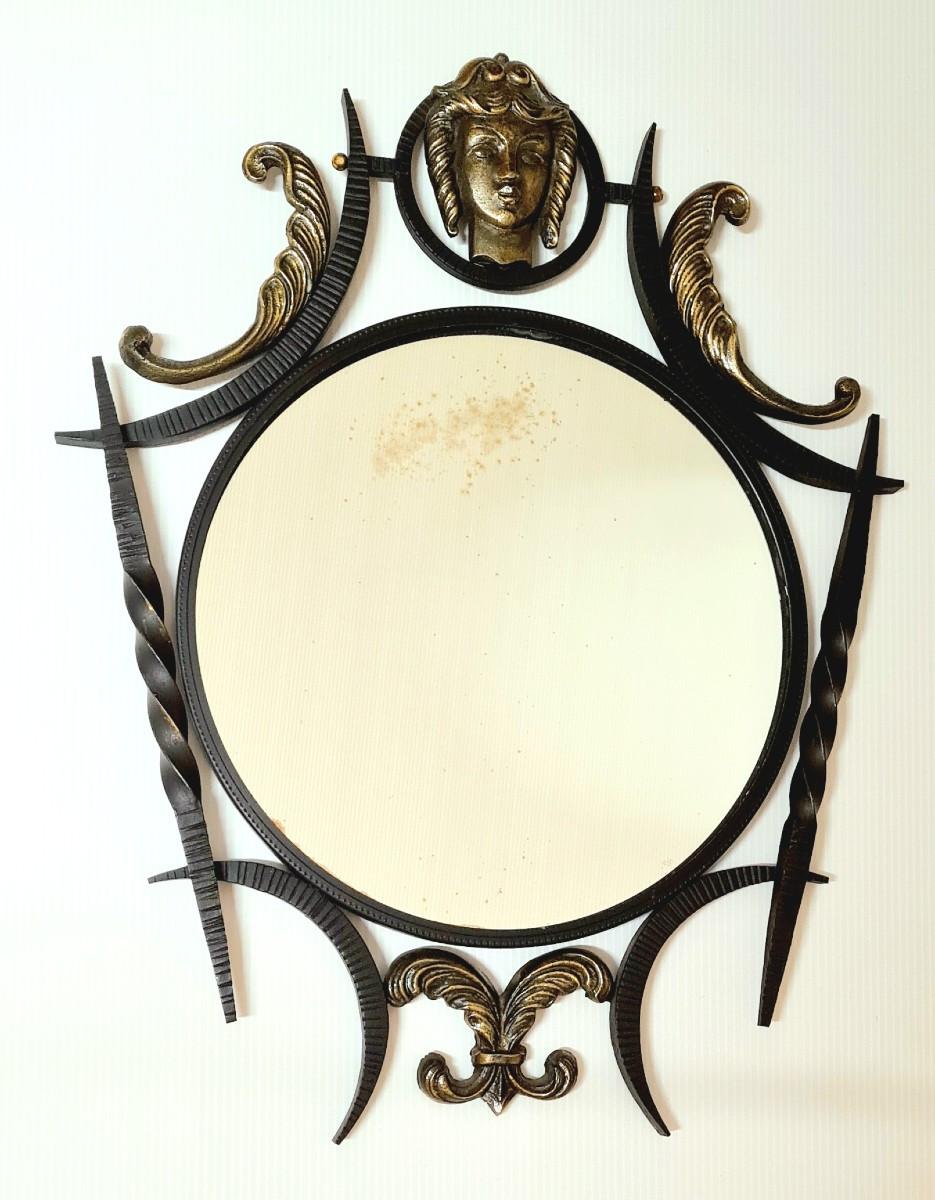 Miroir au mascaron bronze doré et noirci dans le goût de Poillerat vintage années 40