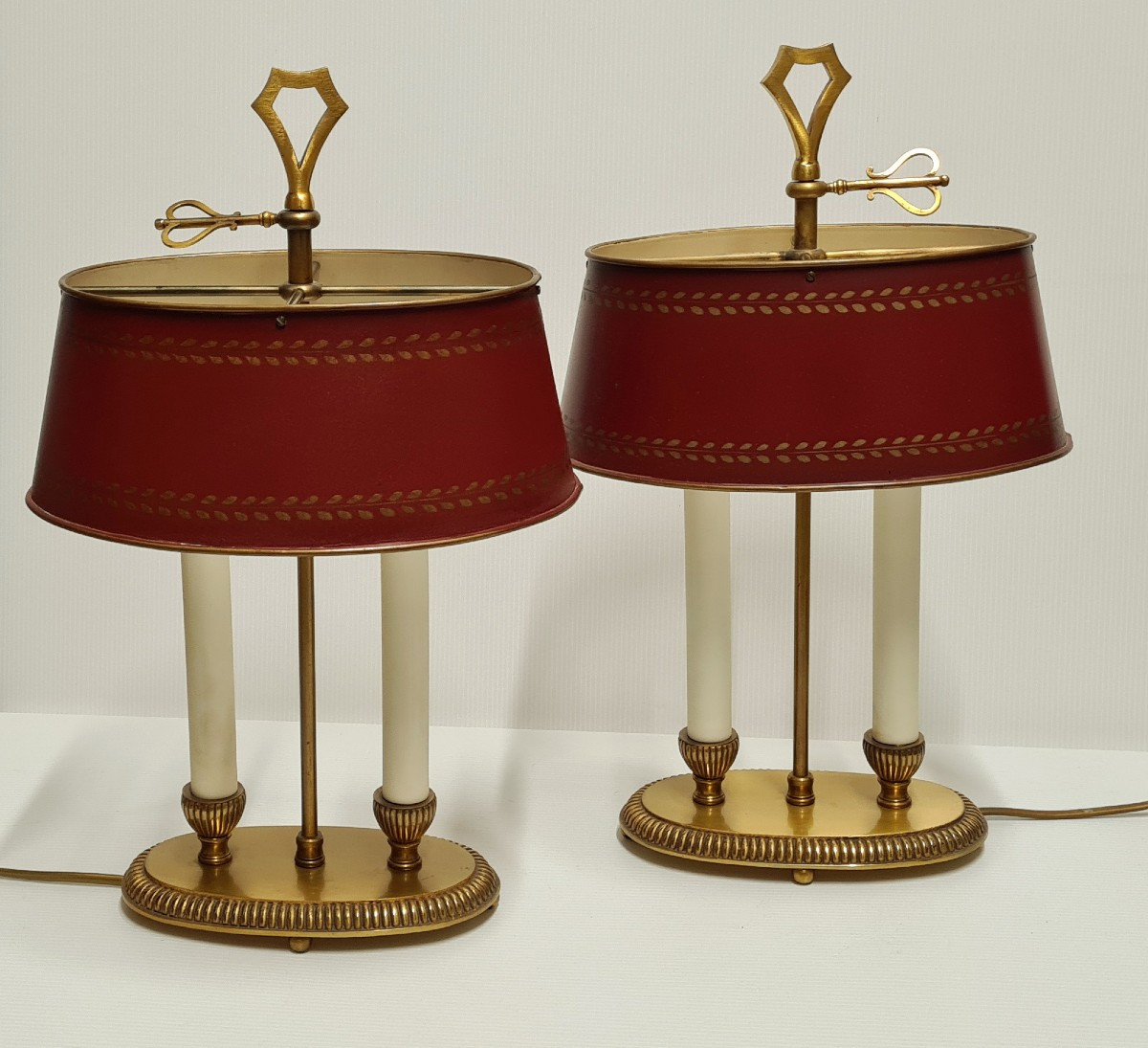 Pair Of Louis XVI Style Bouillotte Lamps In Gilded Bronze With Painted Sheet Metal Shades 