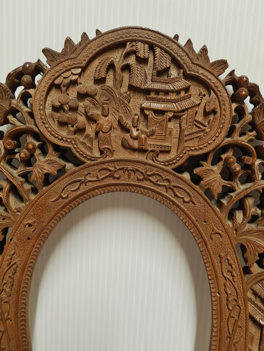 Paire encadrement chine canton bois sculpté cadre photo -photo-2