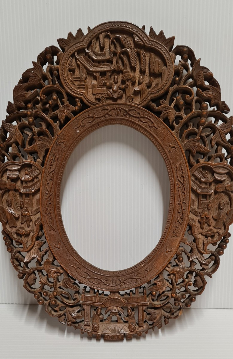Paire encadrement chine canton bois sculpté cadre photo -photo-2