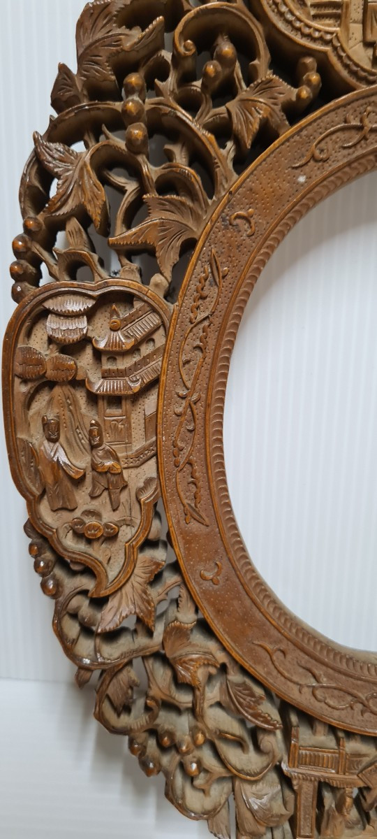 Paire encadrement chine canton bois sculpté cadre photo -photo-4