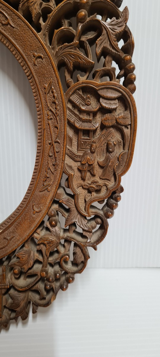 Paire encadrement chine canton bois sculpté cadre photo -photo-5