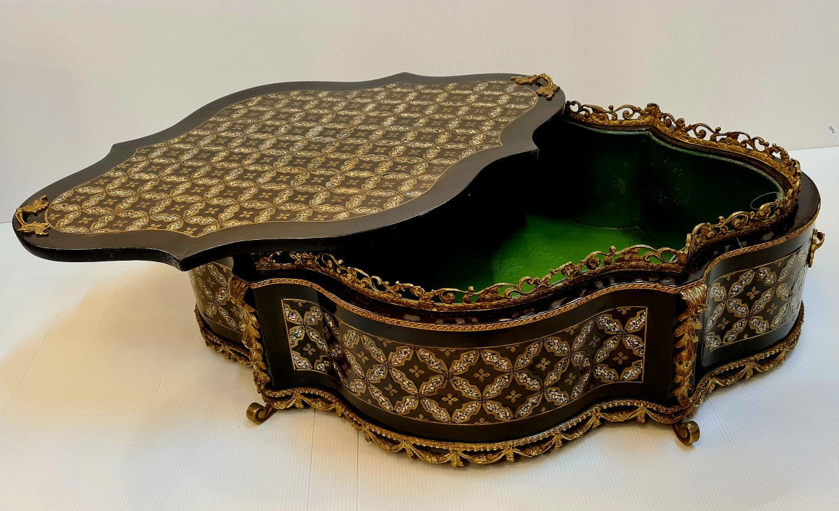 Grande boite jardinière de table , rafraichissoir, Napoléon III marqueterie nacre-photo-2