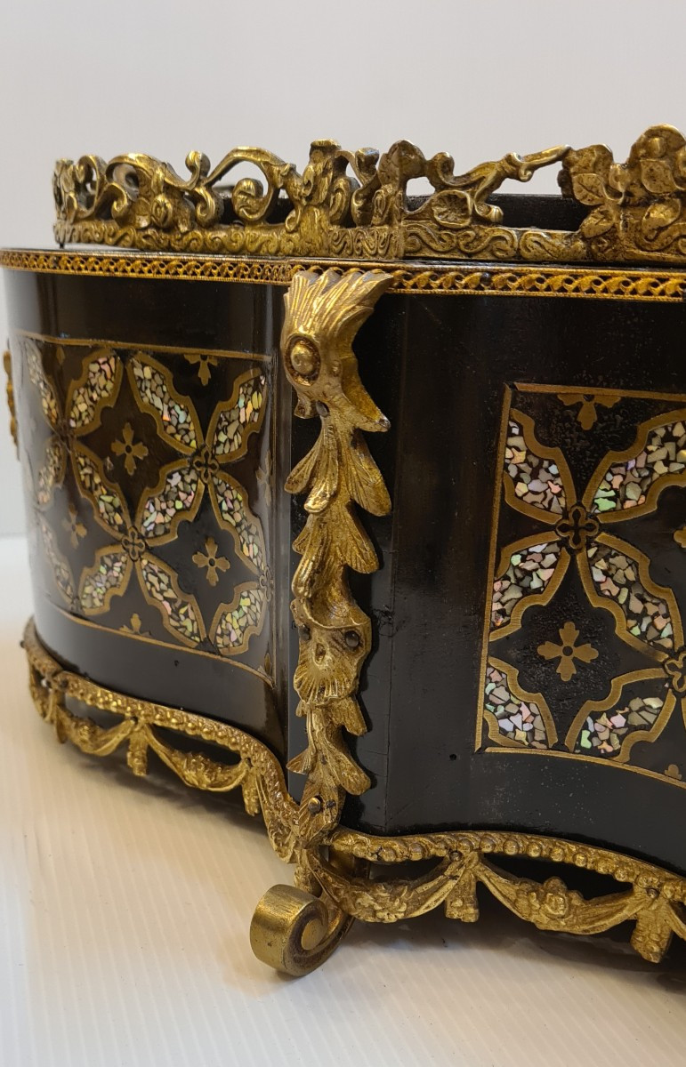 Grande boite jardinière de table , rafraichissoir, Napoléon III marqueterie nacre-photo-2