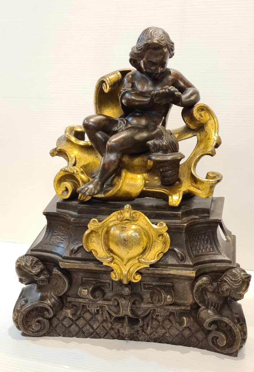 Pair Of Andirons With Gilt Bronze Putti, 19th Century, Louis XV Style-photo-3
