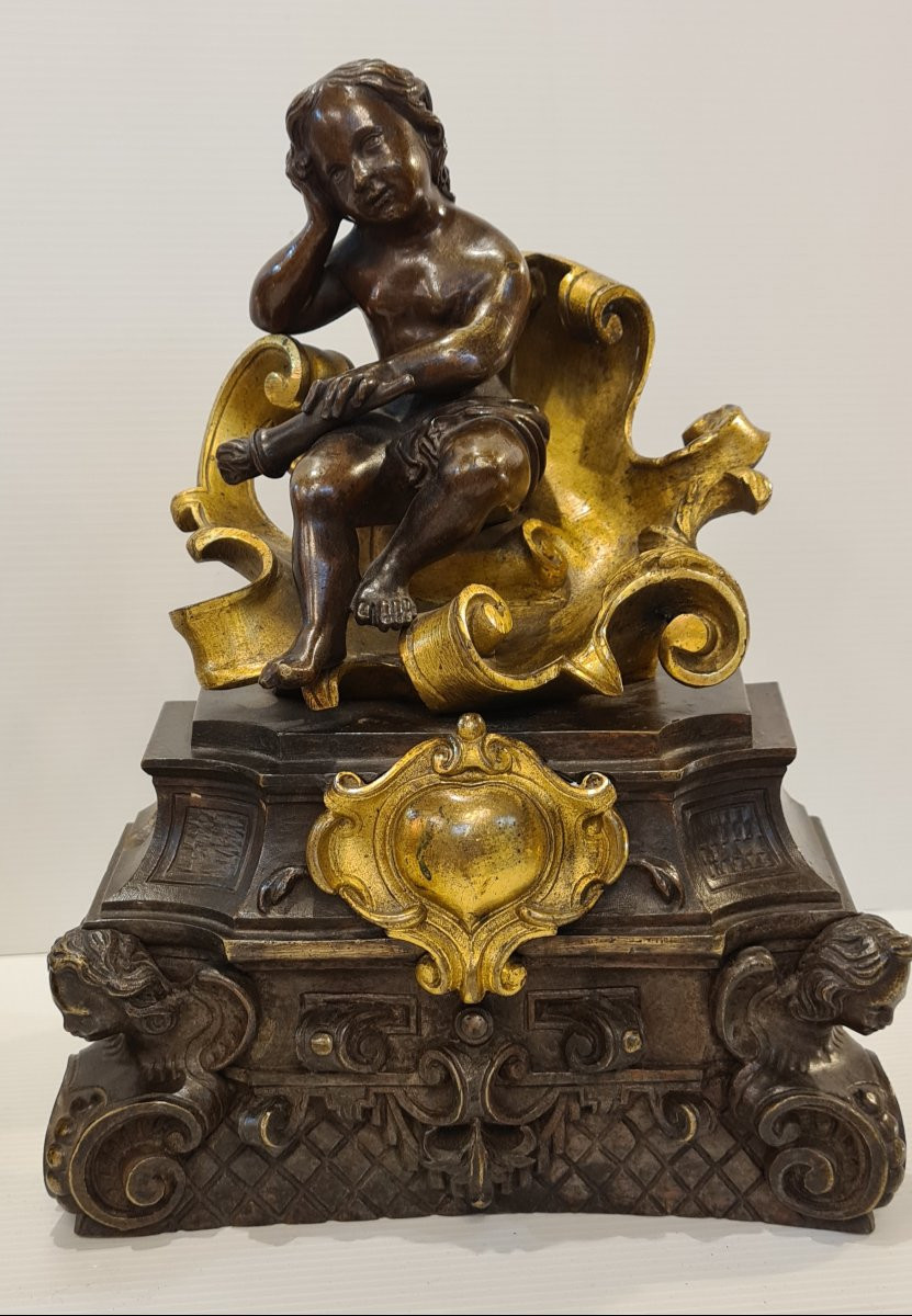 Pair Of Andirons With Gilt Bronze Putti, 19th Century, Louis XV Style-photo-4