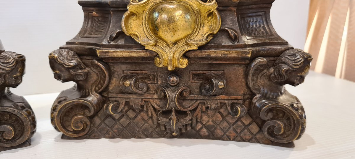 Pair Of Andirons With Gilt Bronze Putti, 19th Century, Louis XV Style-photo-4