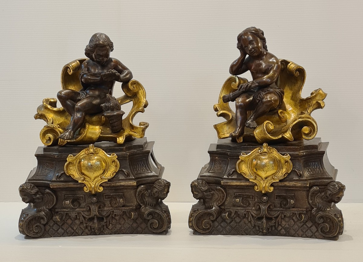 Pair Of Andirons With Gilt Bronze Putti, 19th Century, Louis XV Style