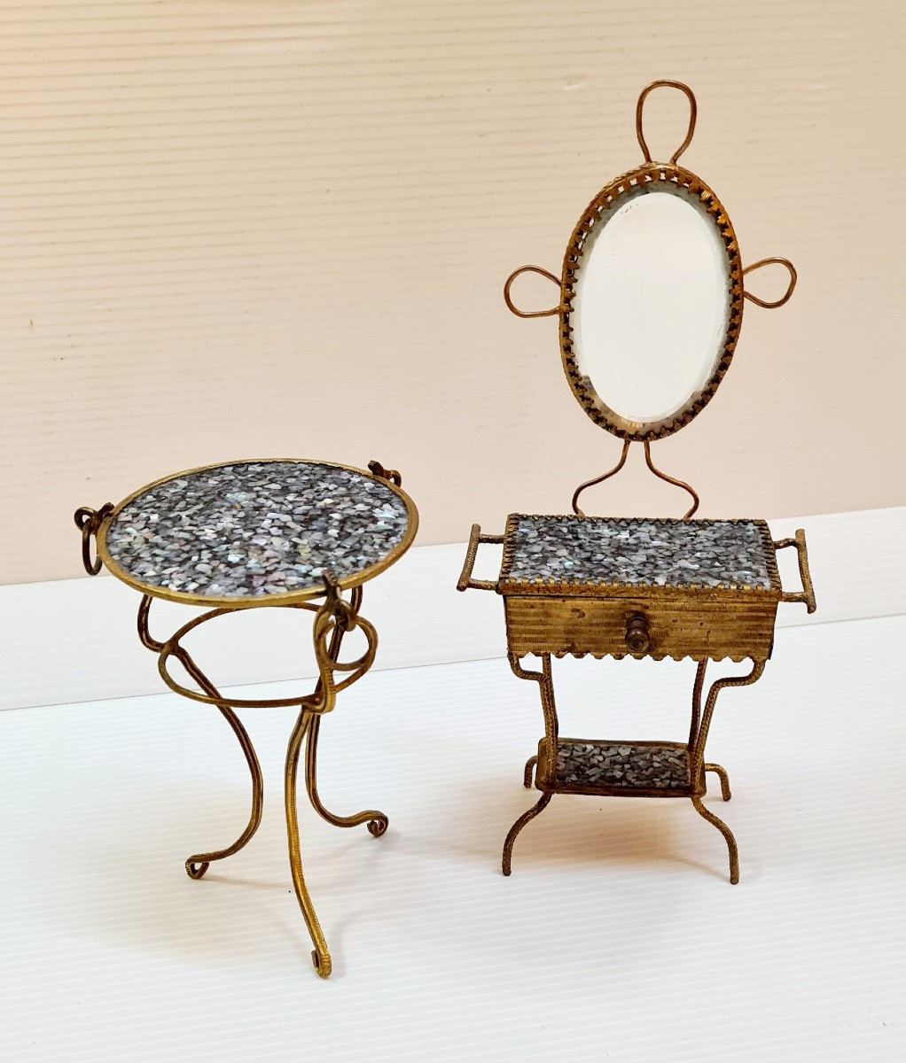 Dollhouse Furniture Napoleon 3 Miniature Dressing Table And Gueridon Mother Of Pearl-photo-2