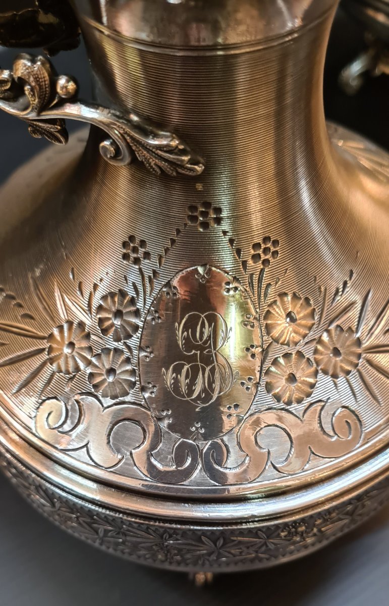 Armand Frenais Silver-plated Metal Tea Pot And Sugar Bowl Set, 19th Century-photo-3