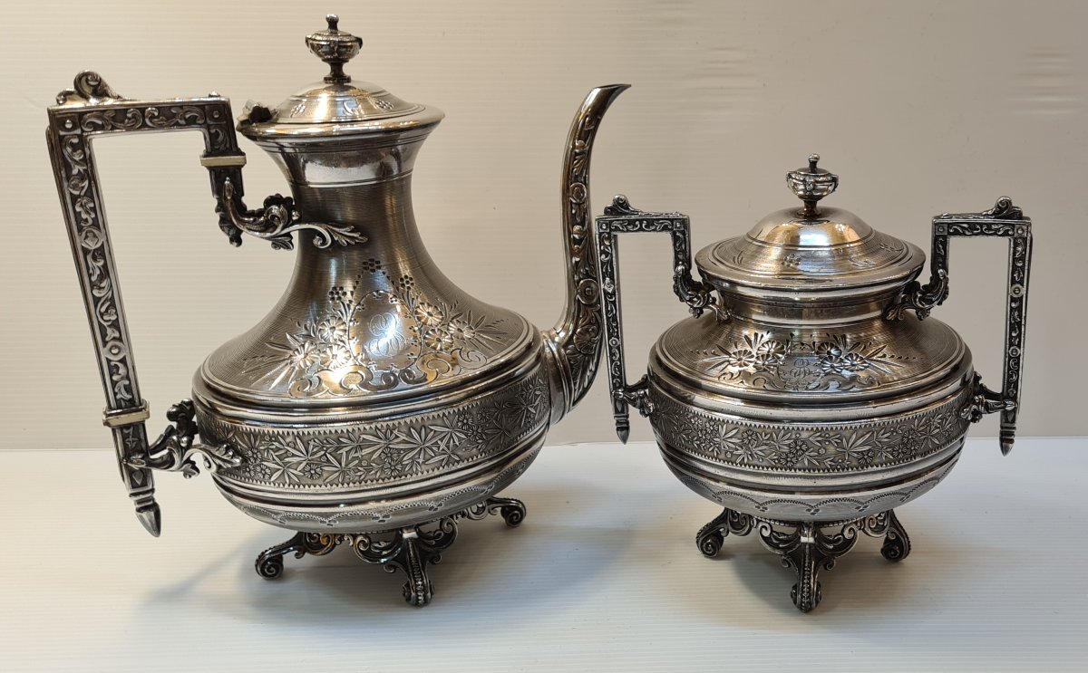 Armand Frenais Silver-plated Metal Tea Pot And Sugar Bowl Set, 19th Century-photo-7