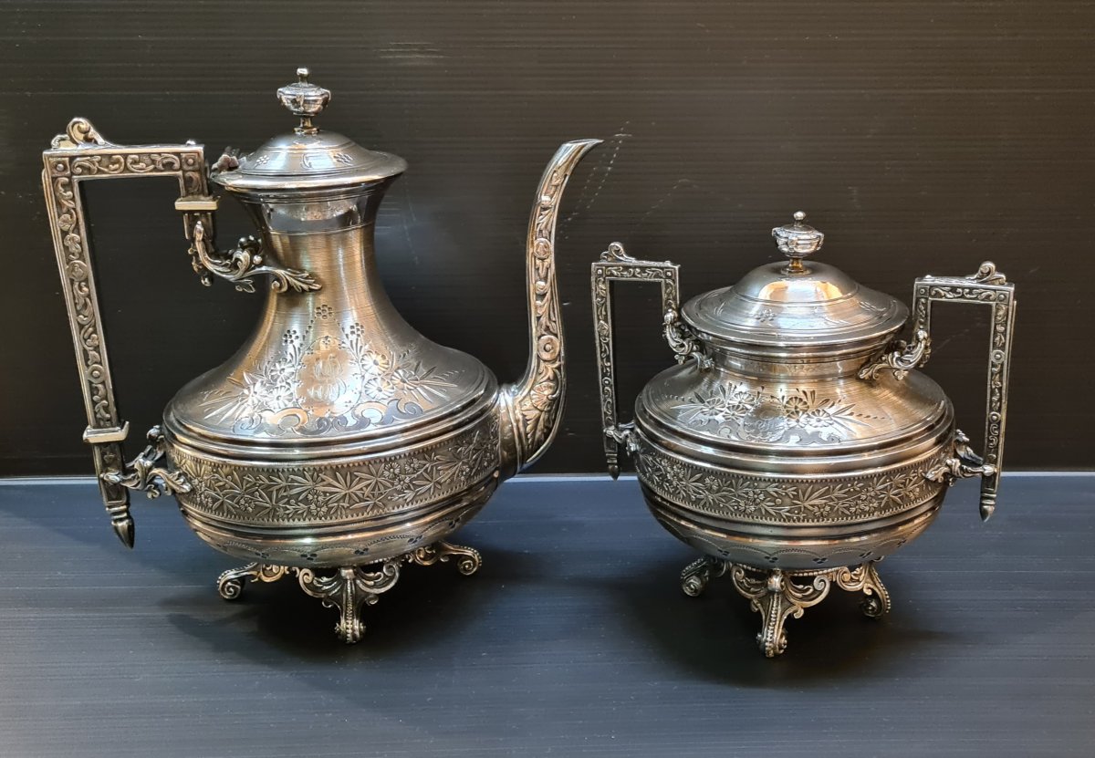 Armand Frenais Silver-plated Metal Tea Pot And Sugar Bowl Set, 19th Century