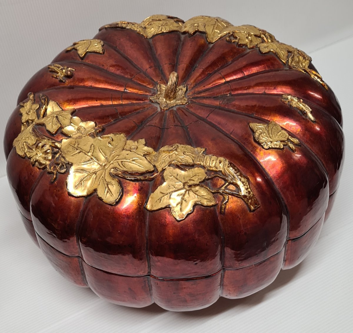 BOITE À FRIANDISES CITROUILLE PAPIER MACHE LAQUE ROUGE ASIE XIXEME COFFRET DE MARIAGE-photo-8