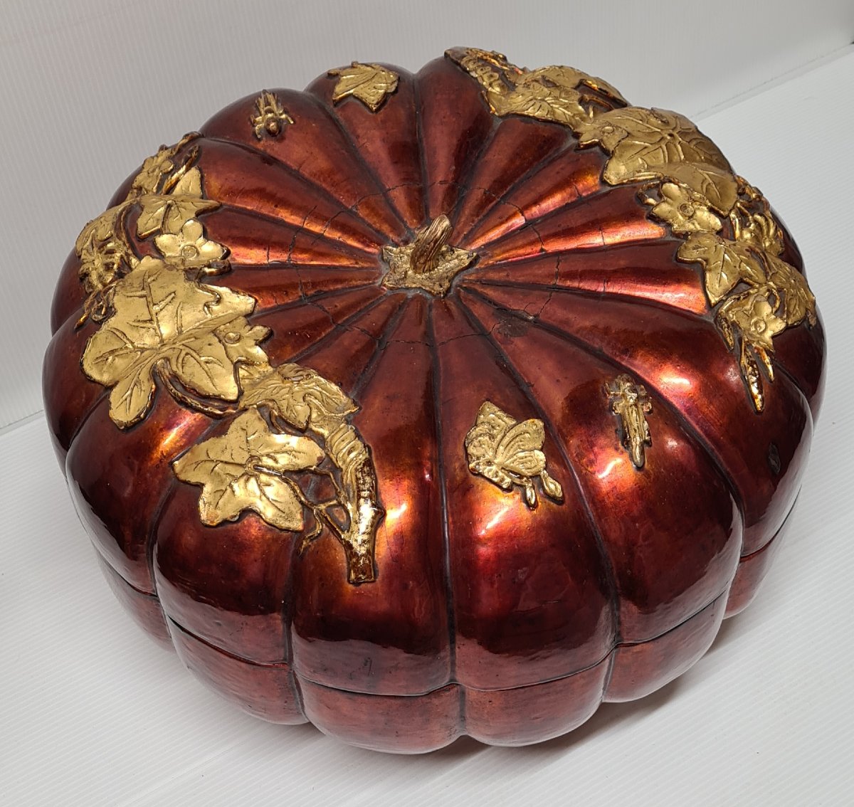 BOITE À FRIANDISES CITROUILLE PAPIER MACHE LAQUE ROUGE ASIE XIXEME COFFRET DE MARIAGE