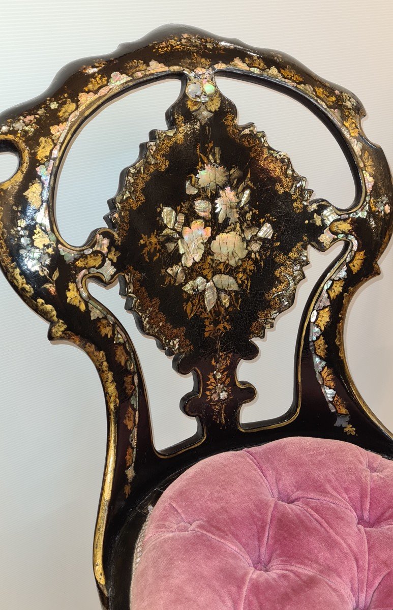 Pair Of Gondola Chairs Napoleon III Paper Mache And Mother Of Pearl XIXth-photo-8