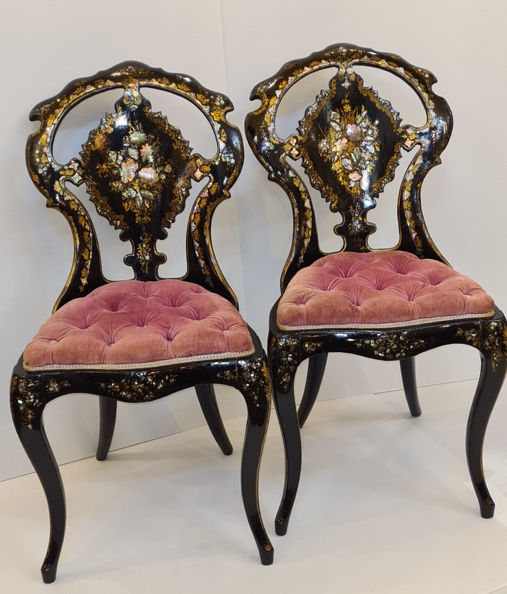 Pair Of Gondola Chairs Napoleon III Paper Mache And Mother Of Pearl XIXth
