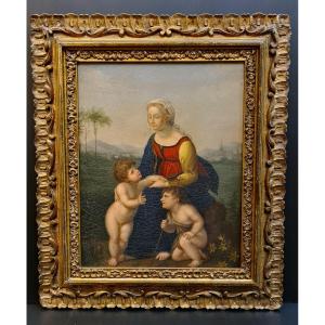 The Beautiful Gardener Or The Virgin And Child After Raphaël 19th Century Painting Golden Frame.