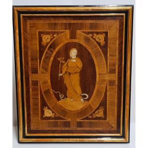 Tableau religieux panneau de marqueterie Vierge Marie travail de maîtrise XIX eme