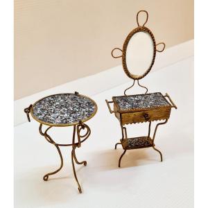 Dollhouse Furniture Napoleon 3 Miniature Dressing Table And Gueridon Mother Of Pearl