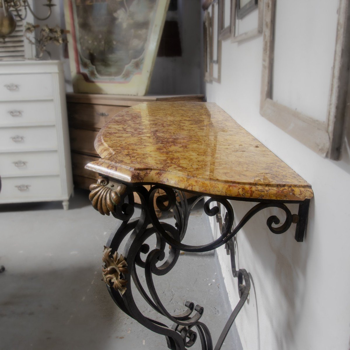 Console Fer Forgé, Dessus Marbre 1950-photo-3