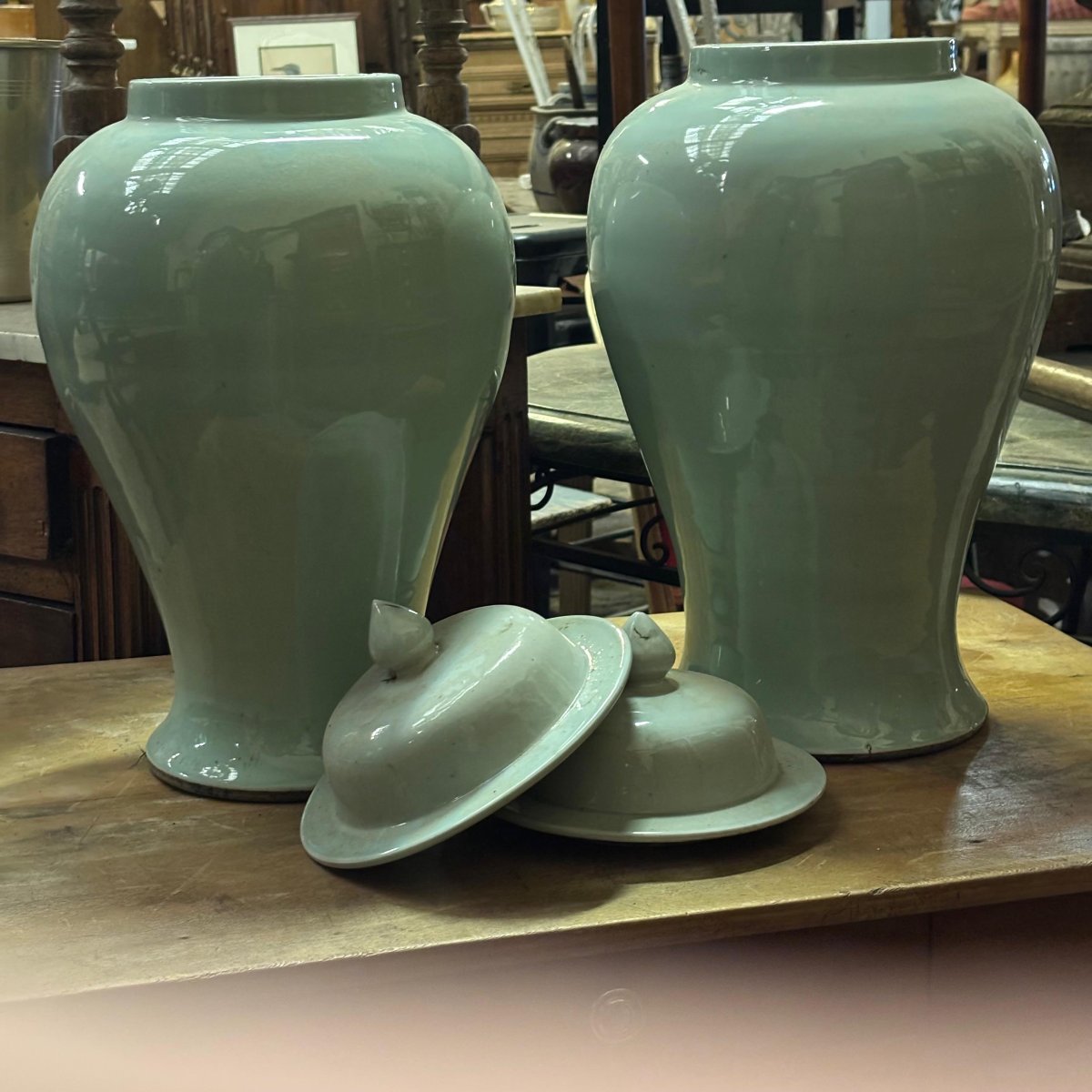 Paire de pots couverts en porcelaine émaillée -photo-3