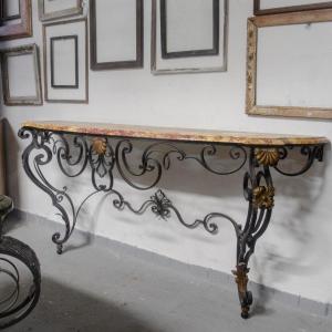 Wrought Iron Console, Marble Top 1950