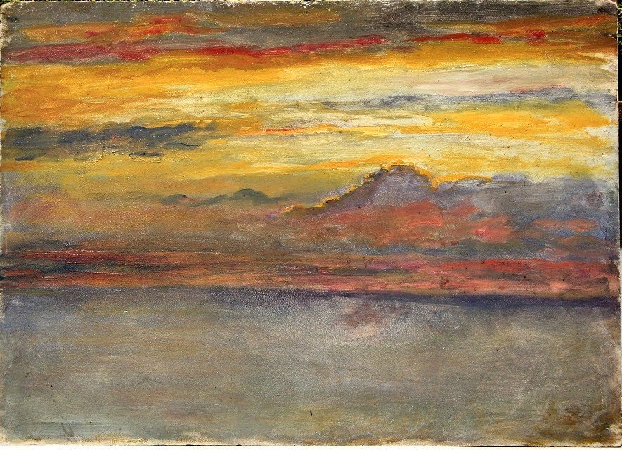 Paysage Impressionniste  , Huile Sur Panneau , Coucher De Soleil  , A Identifié  23.5 X 33 