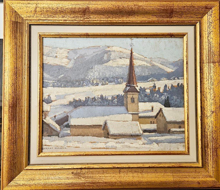 Robert Fernier , Paysage D Hiver Jura  , Huile Sur Panneau 22 x 27 -photo-2