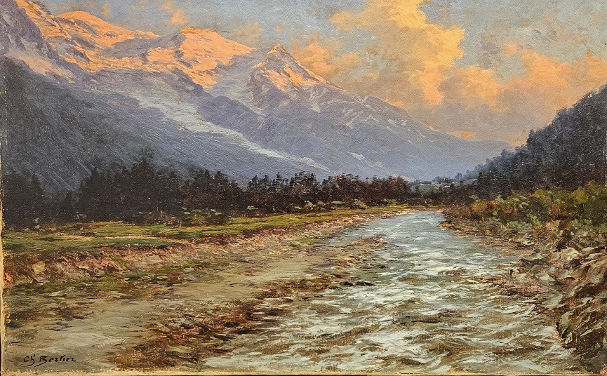 Oil On Canvas By Charles Alexandre Bertier, Sunset Over Mont Blanc 