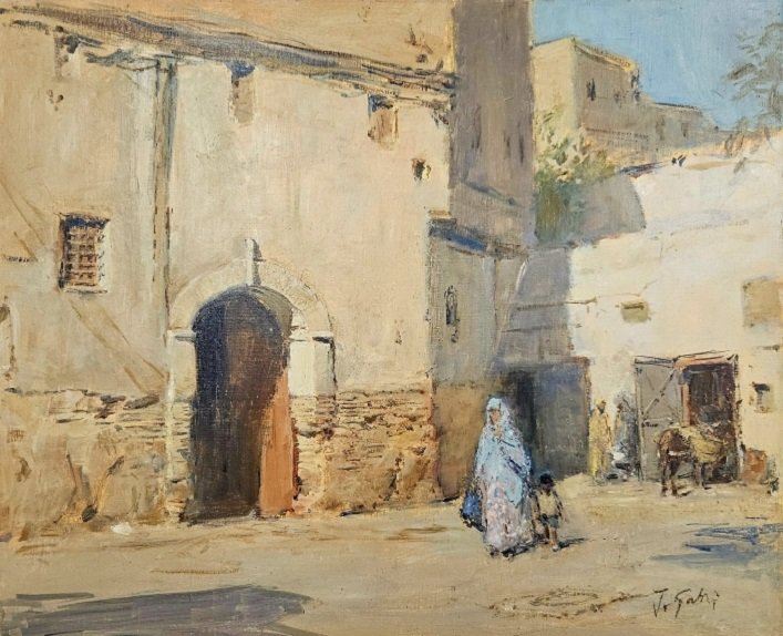 huile sur toile orientaliste , rue de Fes ,Maroc , Jacques Gatti   ( 1927 - 2015 )
