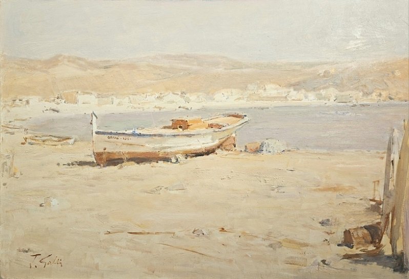 huile   50 x 73 ,  orientaliste , barque de pecheur , Bou Zadjar , Algérie , Jacques Gatti